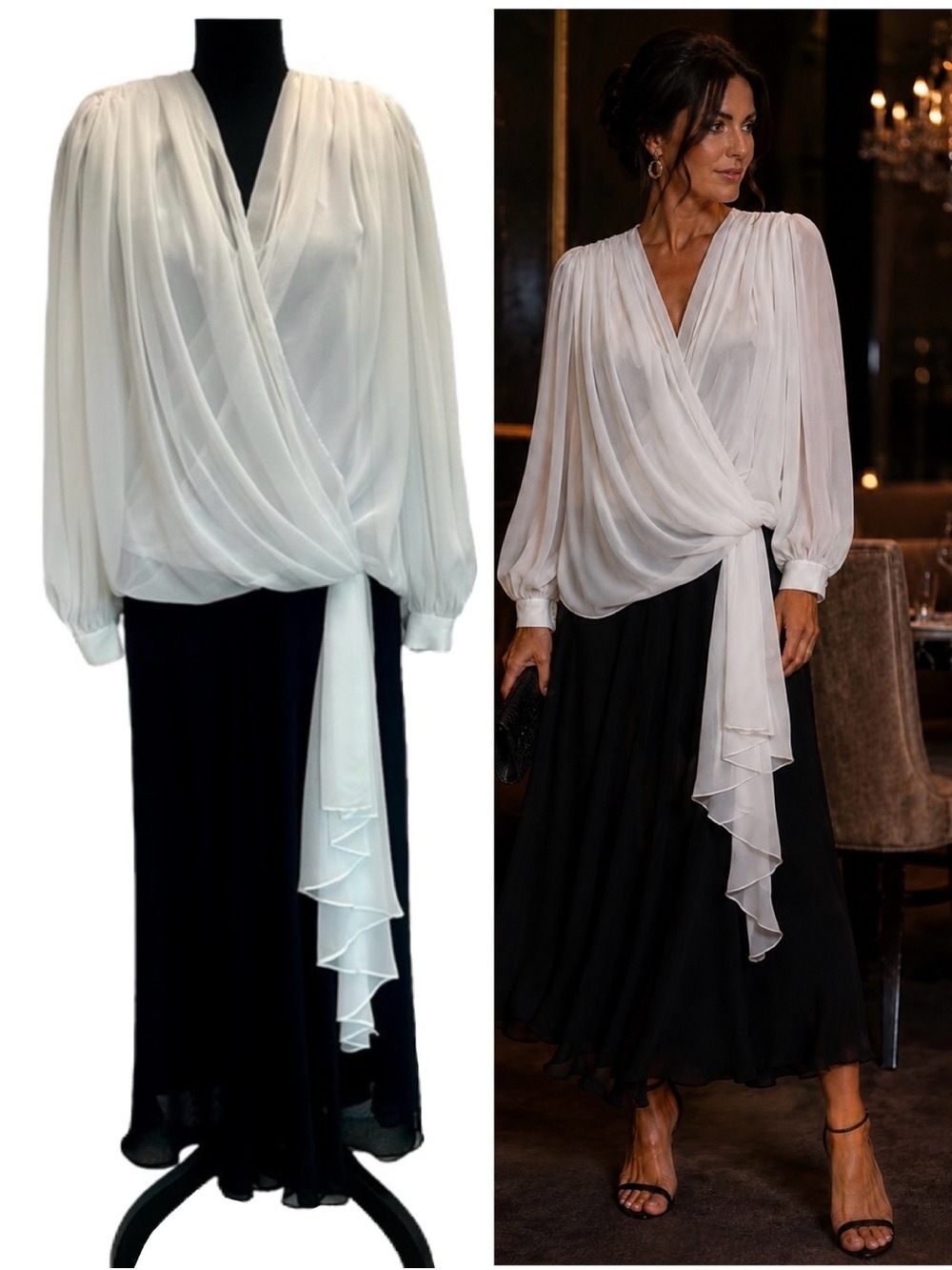 Vintage benee by Lori Ann black white ruched chiffon blouson dress Sz 12